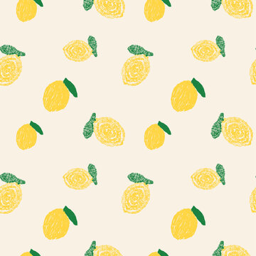 Seamless Lemon Print Design. Hand Drawing Lemon illustration. orange pattern design. summer fruit print artwork.  lemon background. fashion design. kids girl boys   clothing design.