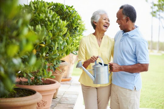 A joyful couple smiles at each other while gardening, holding a watering can. They enjoy their time surrounded by lush greenery and potted plants.