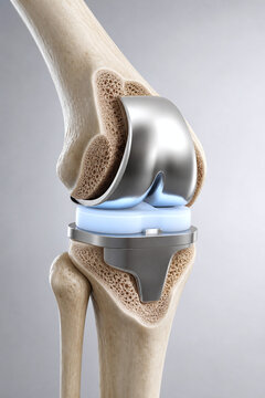 Total knee replacement implant cutaway medical illustration