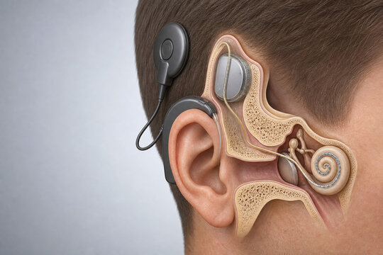 Cochlear implant cutaway showing auditory hearing technology