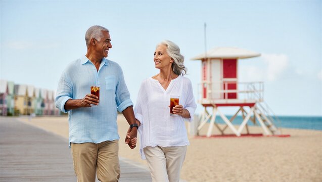 A happy couple strolls along a beach boardwalk, enjoying drinks and each other's company. Relaxed beach atmosphere and joyful moments.