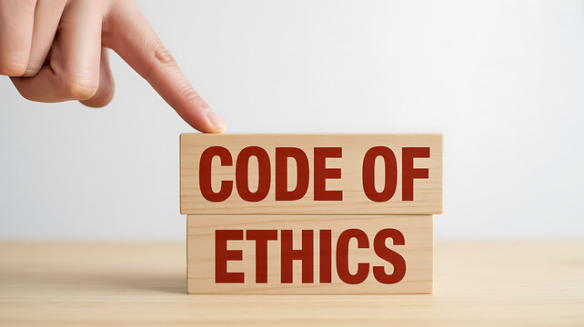 Finger pointing to wooden blocks spelling CODE OF ETHICS (134