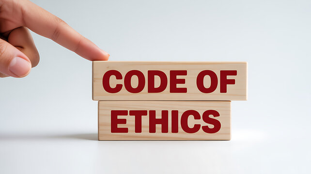 Finger pointing to wooden blocks with red text saying CODEOFETHICS code of ethics