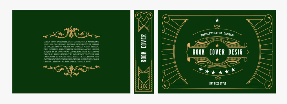 Elegant horizontal vintage book cover design with ornate Art Deco frame, geometric decorative ornaments, and luxurious retro style for publications, albums, posters, and premium layouts
