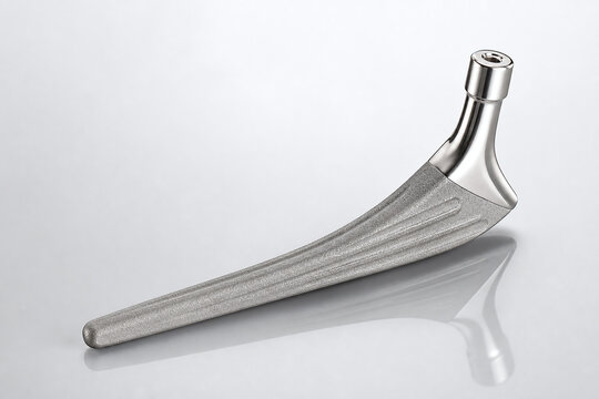 Titanium hip implant on reflective studio surface