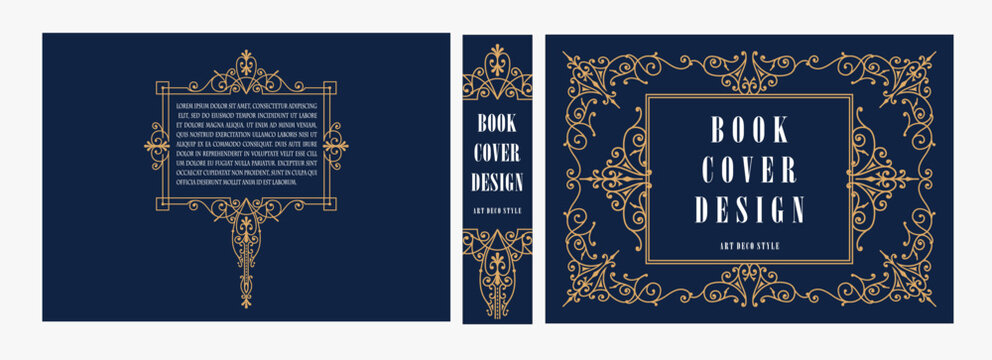 Elegant horizontal vintage book cover design with ornate Art Deco frame, geometric decorative ornaments, and luxurious retro style for publications, albums, posters, and premium layouts