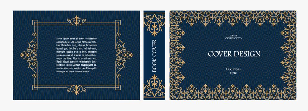 Elegant horizontal vintage book cover design with ornate Art Deco frame, geometric decorative ornaments, and luxurious retro style for publications, albums, posters, and premium layouts