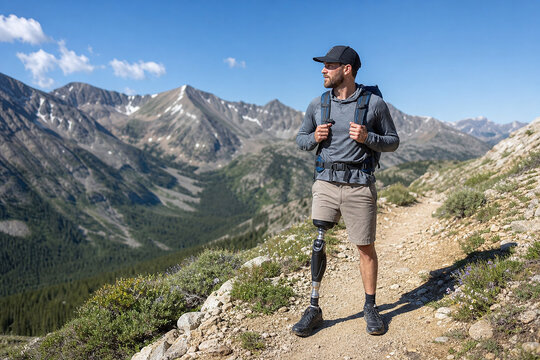 Adaptive hiker with prosthetic leg on mountain trail