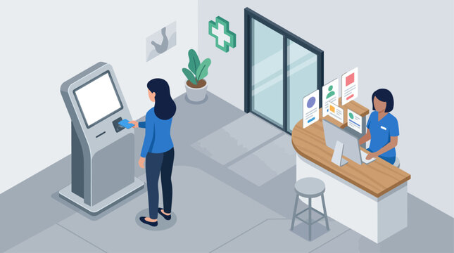 Isometric vector illustration of a hospital reception area with a patient using a self-service check-in kiosk and a nurse working at the front desk, digital healthcare concept
