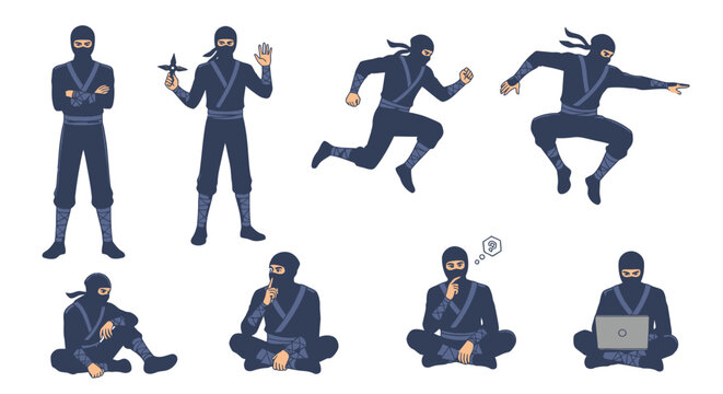 Ninja character set in various stealth and action poses.