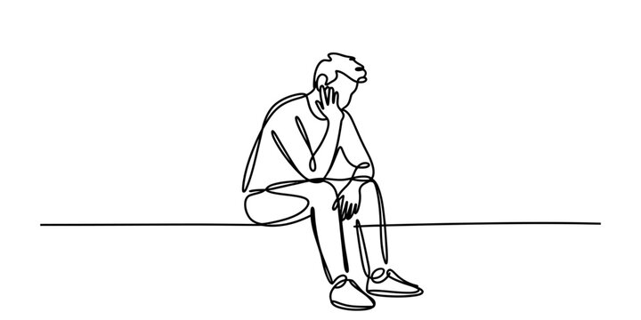 Sad man sitting alone in deep thought continuous one line drawing