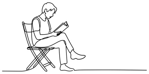 Fototapeta premium Young man sitting on a chair and reading a book in a continuous line drawing style
