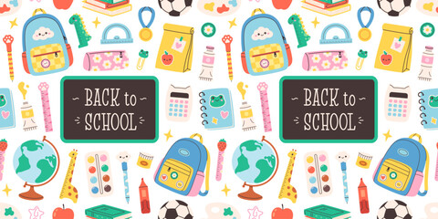 Fototapeta premium Cute back to school seamless pattern with school supplies. Educational design for kids products and stationery. Flat vector illustration