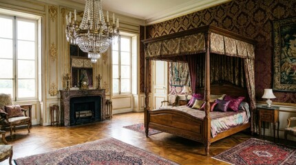 Obraz premium Luxurious four-poster bed in a grand, ornate bedroom with antique furnishings