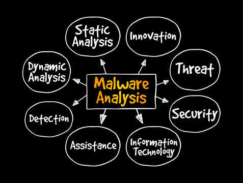 Malware analysis mind map showing core cybersecurity concepts including static and dynamic analysis, innovation, threat detection, information technology, assistance, and security for professional def
