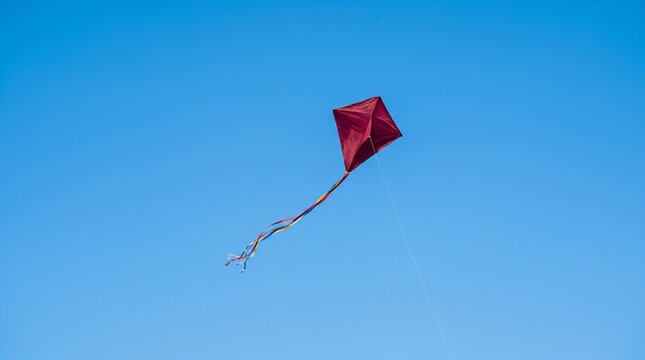 Aspiration: a Single Red Diamond Kite With Long Tail Flying High in Clear Sky