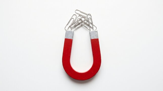 Attraction Concept, a Red Horseshoe Magnet Drawing in a Cluster of Metal Paperclips