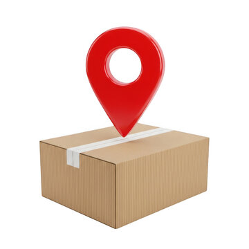 Red map pointer on cardboard box, 3D delivery location pin, shipping package tracking concept for e-commerce logistics isolated on Transparent Background