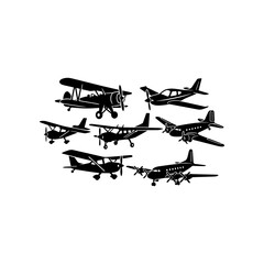 Vintage Airplane Silhouettes Collection: Biplanes, Propellers, Retro Aviation © amai line art