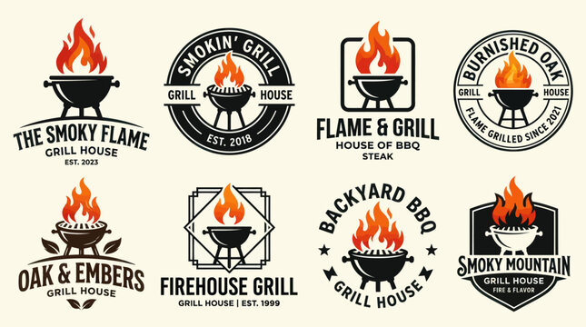 Barbecue Grill Logos Collection: Flame, Smoke, and Firehouse Icons for Restaurants and Food Brands