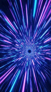 Streaks of neon blue and magenta light rush inward toward a central vanishing point. Motion blur and a glowing effect create a dynamic sense of high-speed travel.