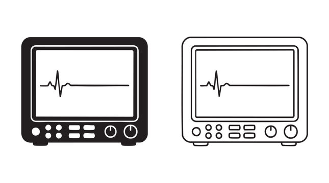 heart monitor black silhouette with line art vector icon showing flatline