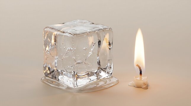 A Clear Ice Cube Resting Beside a Small Candle Flame as a Fire and Ice Opposites Metaphor