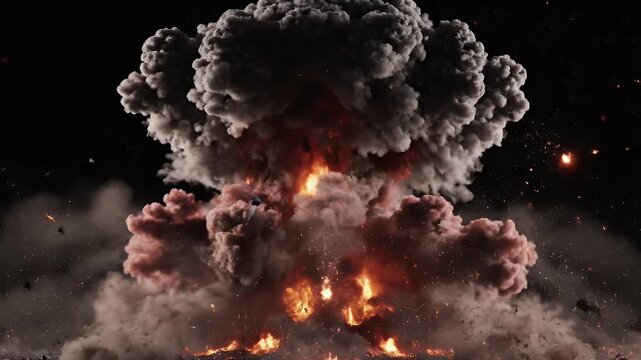 A dramatic explosion erupts with intense heat and fiery debris against a stark black background, showcasing a powerful and destructive event.