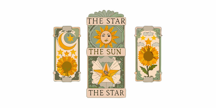 Tarot cards with sun moon and star designs art nouveau illustration