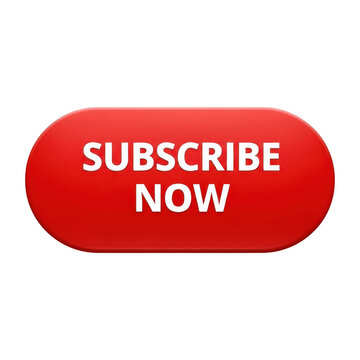Red subscribe now button, glossy call to action icon, web interface element for online video channels and digital marketing campaigns isolated on Transparent Background