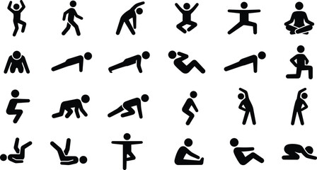 Fototapeta premium Black people fitness and workout silhouette vector set of exercise icons isolated on white background