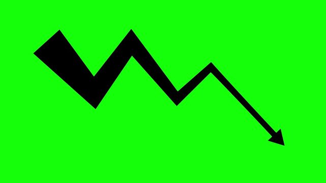 Animation of Black downward trend arrow on green screen background depicting economic crash and financial loss
