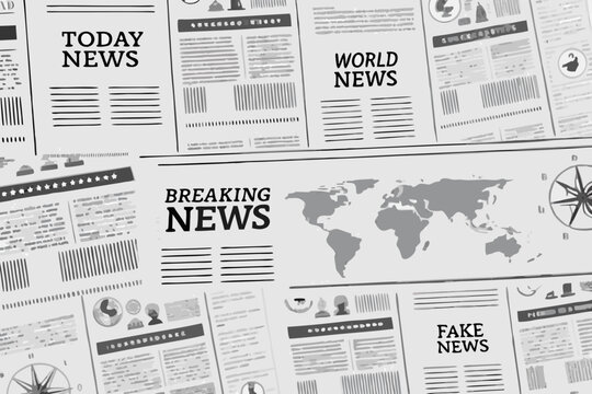 Newspaper headlines and world map montage black and white vector illustration