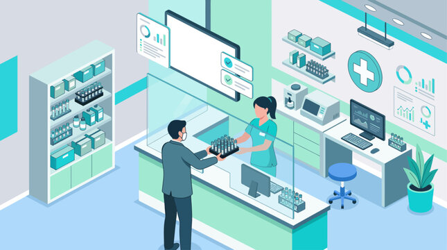 Isometric vector illustration of a medical laboratory reception with a patient handing over test samples to a healthcare worker behind a protective glass shield in a clinic