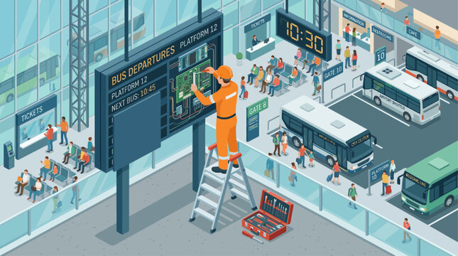 Isometric vector illustration of a technician in orange jumpsuit on a ladder repairing a digital departure board at a busy modern bus terminal station with parked buses and waiting passengers