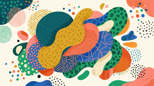 Abstract Organic Shapes with Vibrant Patterns and Dots on Cream Background - Modern Art