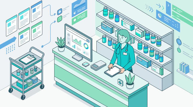 Isometric pharmacist at pharmacy counter with digital tablet and medical dashboard display. Healthcare technology, online drugstore management vector illustration in blue and teal.