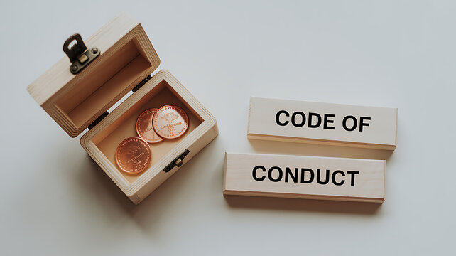 Open wooden treasure chest with copper coins and two wooden blocks reading CODE OF CONDUCT