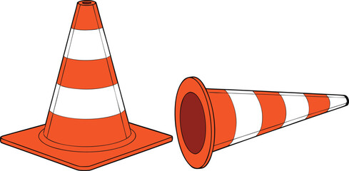 Orange and white striped traffic cones, one standing upright and one lying down, isolated on white © S M Sajib