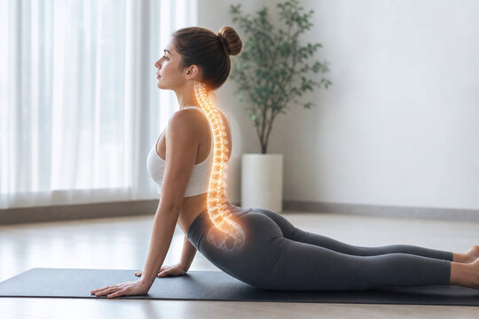 Calm spinal alignment stretch in bright wellness studio