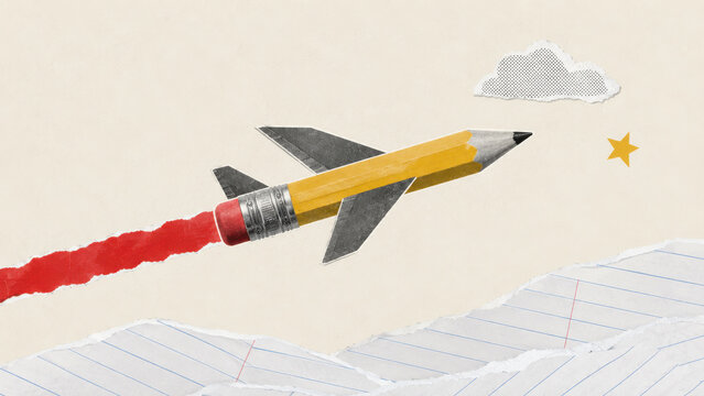 Creative back to school collage with pencil rocket launching, education metaphor for learning, ambition and success