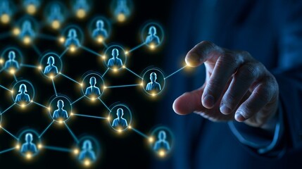 Fototapeta premium Close-up businessman's hand, Business Planning , Digital Business Strategy, Future Business Vision 2027, Person Connecting Nodes in a Digital Network Representing Future Organizational Growth.