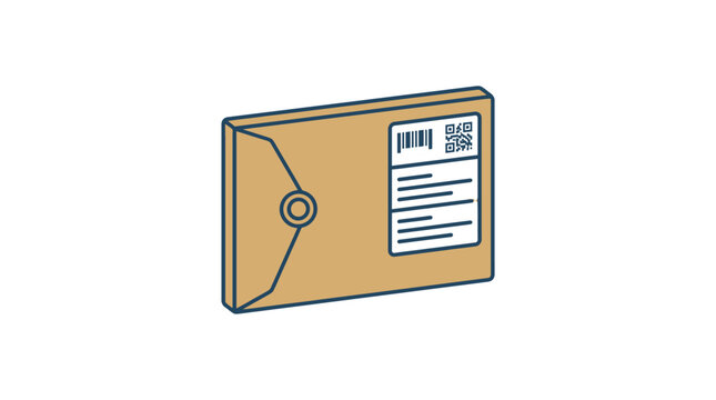 An illustration of a sealed envelope with a label and barcode on it.
