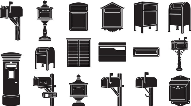 Collection of vintage and modern mailboxes icon set