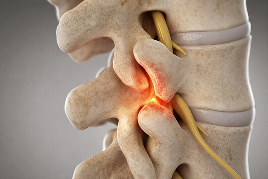 Inflamed lumbar facet joint closeup anatomical render