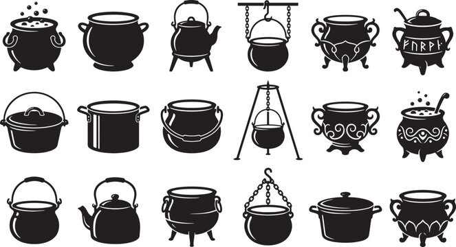 Collection of vintage style cauldrons and witch pots illustration