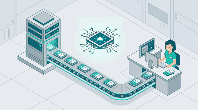 Isometric vector illustration of electronic medical records data processing conveyor belt with server database, computer workstation, and female operator in healthcare IT concept