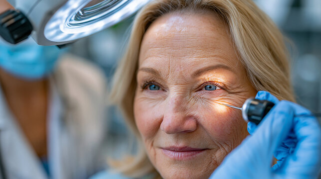 Dermatologist examining crow's feet and texture of fifty year old patient's cheek under magnification lamp, skin aging photoprotection assessment, facial aging prevention consultation, collagen heal