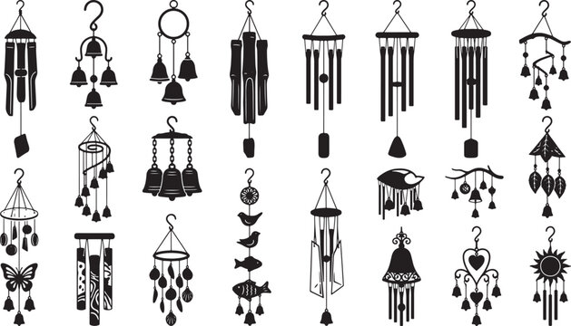 Assorted wind chimes hanging from hooks in black and white illustration style
