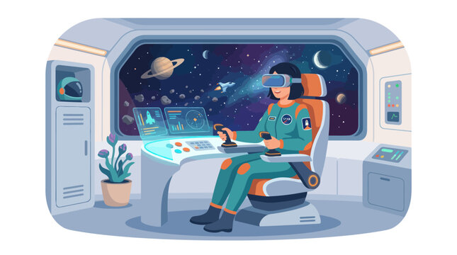 Astronaut in VR headset pilots spaceship from futuristic cockpit with view of outer space, planets, and stars.